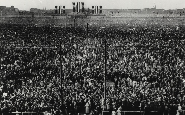 Adolf Hitler is taking a speech in front of a huge crowd of 1,5 million at the Tag der nationalen Arbeit at the Tempelhofer field in Berlin